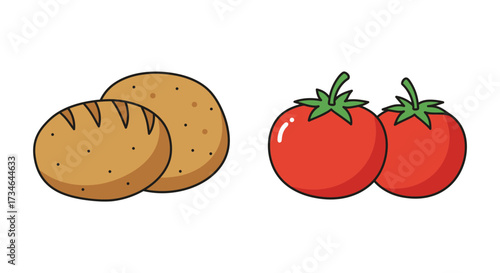 Simple cartoon illustration of bread potatoes and ripe red tomatoes