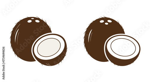 Simple illustration featuring whole and cracked open coconuts in brown tones