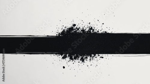 Minimalist black and white design featuring bold black line with scattered black particles, creating striking contrast against white background