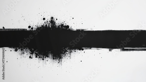 Minimalist black and white abstract art featuring bold black brushstroke with splatters, creating striking visual contrast. This artwork evokes sense of modernity and creativity