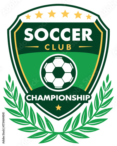 Green and yellow soccer club championship emblem with soccer ball and laurel wreath football