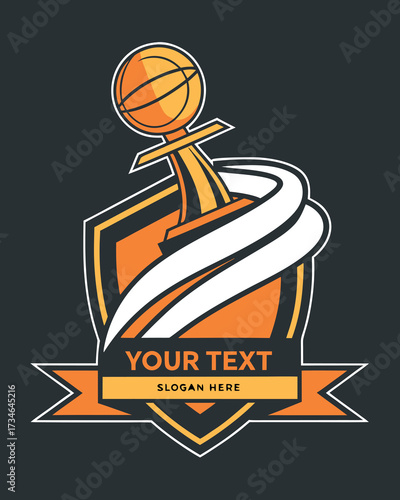 Orange basketball trophy emblem with white swoosh and text space logo sports