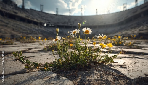 Fototapeta Naklejka Na Ścianę i Meble -  A  photograph of wildflowers growing in the concrete of an empty football stadium, bathed in bright sunshine
