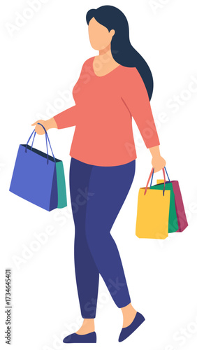 Isolated vector illustration of a female consumer walking with her purchases, embodying the concept of retail therapy and consumerism