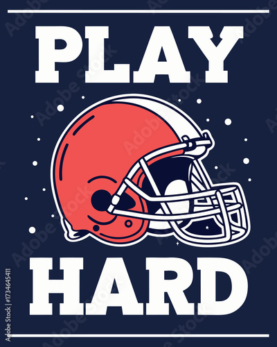 Red and white American football helmet with play hard text on dark blue background sports