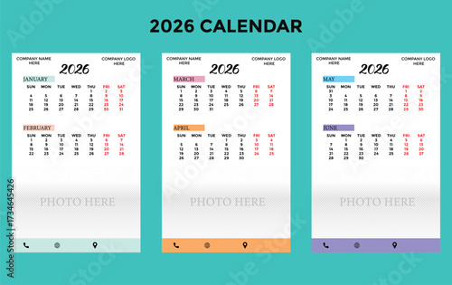 Vector art of 2026 calendar with three months layout in pastel and modern design