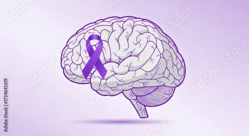 Human brain with purple ribbon on a light purple background, symbolizing awareness for epilepsy