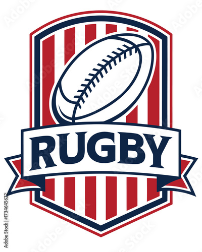 Rugby sport emblem with oval ball and red white blue stripes logo icon vector