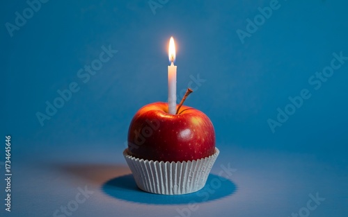 Red apple with lit candle in cupcake liner celebrating a unique birthday dessert idea