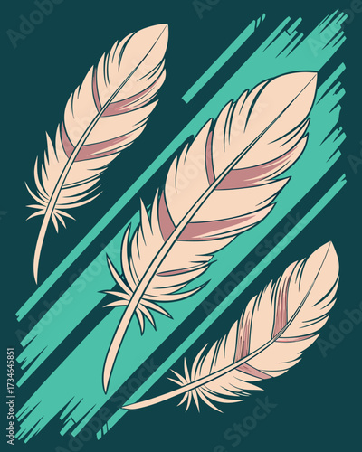 Three light pink feathers with dark outlines on teal abstract background bird feather quill