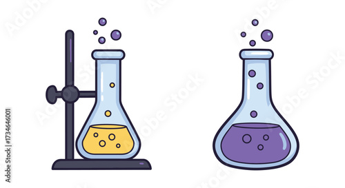 Cartoon illustration of two erlenmeyer flasks in a laboratory setting