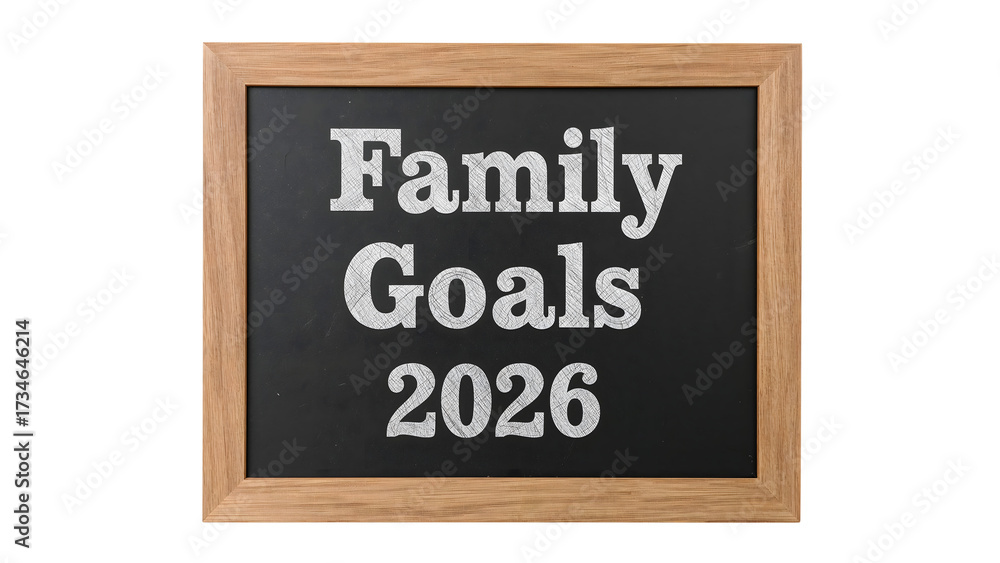 Obraz premium Chalkboard with family goals 2026 written in white text, wooden frame, planning, motivation, future vision, organization