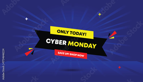cyber monday only today save up shop now editable web banner vector art illustration badge icon label template design white red dark black gray gradient shapes blue light dark sun shine abstract