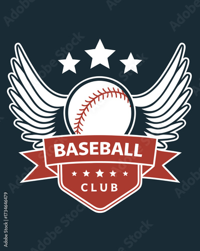 White winged baseball emblem with red stars and banner on dark blue background logo sports wings