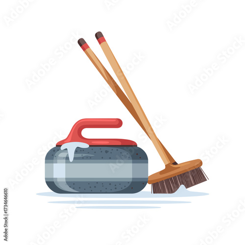 Curling stone and broom for winter sports on white background  
