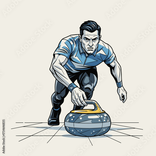 Male curler preparing to slide curling stone on the ice rink  