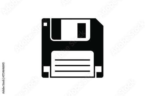 Classic black floppy disk icon for data storage and technology