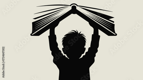 Inspiring young minds with the power of reading, a silhouette of a child holding a book high overhead, celebrating literacy and knowledge acquisition