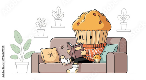 A cozy cupcake character enjoying a book on the couch surrounded by plants and comfort