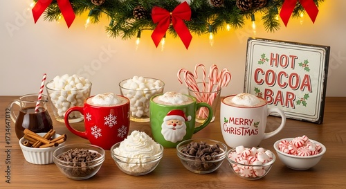 Hot cocoa bar setup with Christmas mugs and toppings