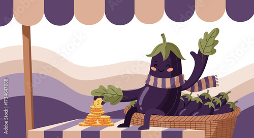A cute eggplant character managing his finances at his market stall with style