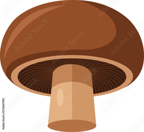 A flat vector illustration of a brown portobello mushroom with gills visible under the cap, isolated on a white background.