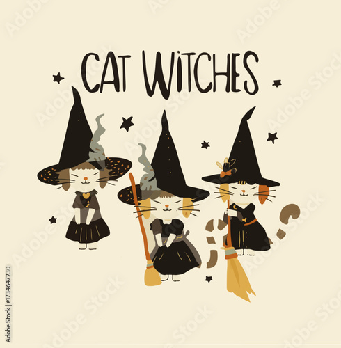 Vector design of Whimsical cat witches illustration with a simple flat design style, featuring feline creatures dressed in witches' attire, with pointy hats and broomsticks
