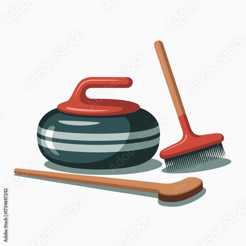 Curling stone and sweeping tools on white background  