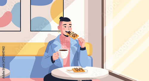 A person enjoys coffee and waffles in a cozy café setting with modern art