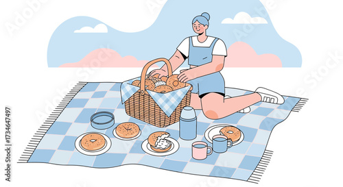 A serene picnic scene featuring a woman and a delightful assortment of bagels in basket