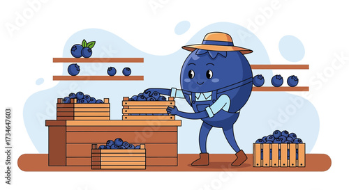 A whimsical blueberry farmer tending to his abundant harvest of fresh blueberries