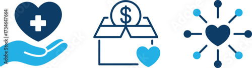 Vector art of set of three icons representing charity, donation, and community support