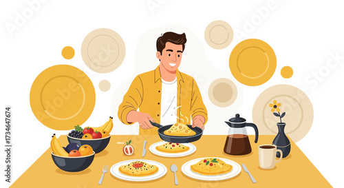 A young man cooking delicious omelets for breakfast in a brightly designed kitchen scene