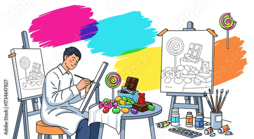 An artist creates a colorful masterpiece with candies, lollipops and chocolate drawing enjoyment