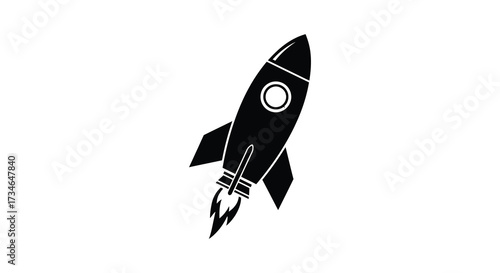 A simple black and white illustration of a rocket taking off