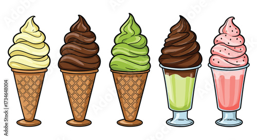 Colorful assortment of soft serve ice cream in cones and glasses