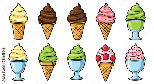 A colorful collection of various ice cream flavors in cones and glasses