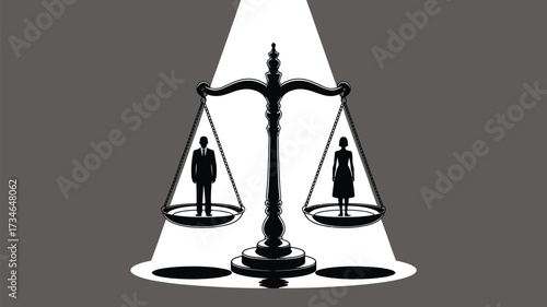 Achieve gender equality with scales of justice balancing man and woman silhouettes, promoting diversity, fairness, inclusion, and equal opportunity
