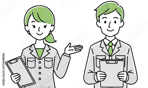 Dedicated professional team members, a man and a woman in green work attire with clipboards, ready for tasks, representing efficient service and collaborative expertise in a modern industrial
