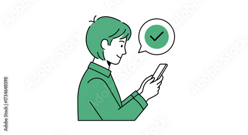 Conceptual illustration of a user interacting with a mobile phone, receiving a confirmation checkmark, signifying successful task completion and positive digital feedback