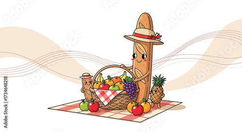 Cartoon baguette and friends enjoying a fruit picnic in a delightful illustration