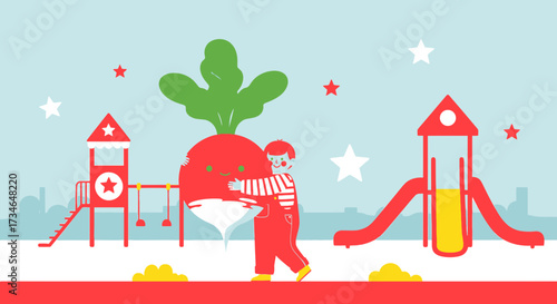 Cartoon boy with radish at playground creating whimsical children's illustration