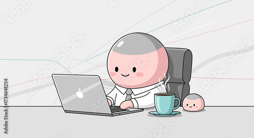 Cartoon businessman character working on laptop with coffee break and cute companion