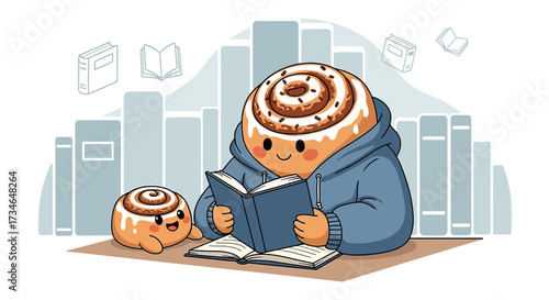 Cartoon cinnamon roll character reading a book with bookshelf background sweet and adorable