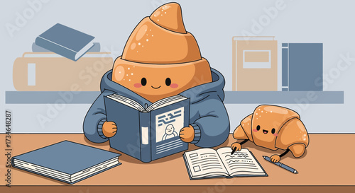 Cartoon Croissant Characters Studying Together in a Cozy and Educational Setting