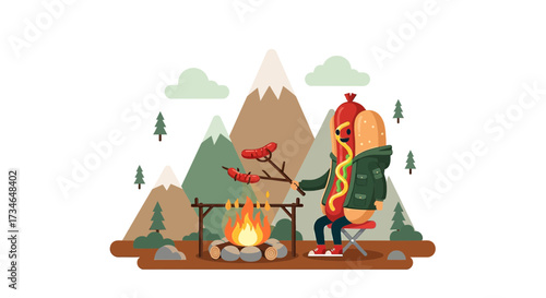 Cartoon hotdog character enjoying camping and roasting sausages outdoors on a campfire in nature