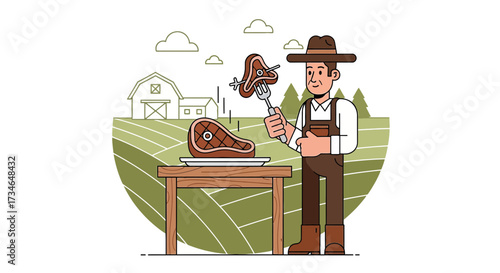 Cartoon farmer holding steak on fork with farmland and barn background illustration