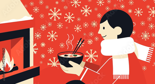 Cartoon illustration depicting a cozy winter scene with a character enjoying hot soup