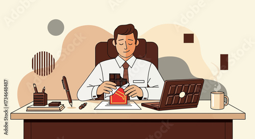 Cartoon illustration of a businessman at his desk enjoying a chocolate break at work