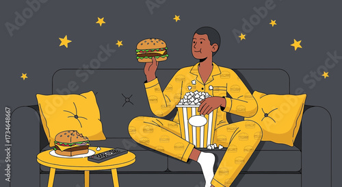 Cartoon illustration of a person enjoying junk food while watching television at night indoors